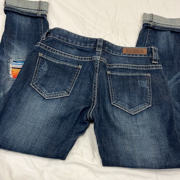 Like new rock & roll double roll skinny jeans with serape patches & holes - Picture 3 of 6